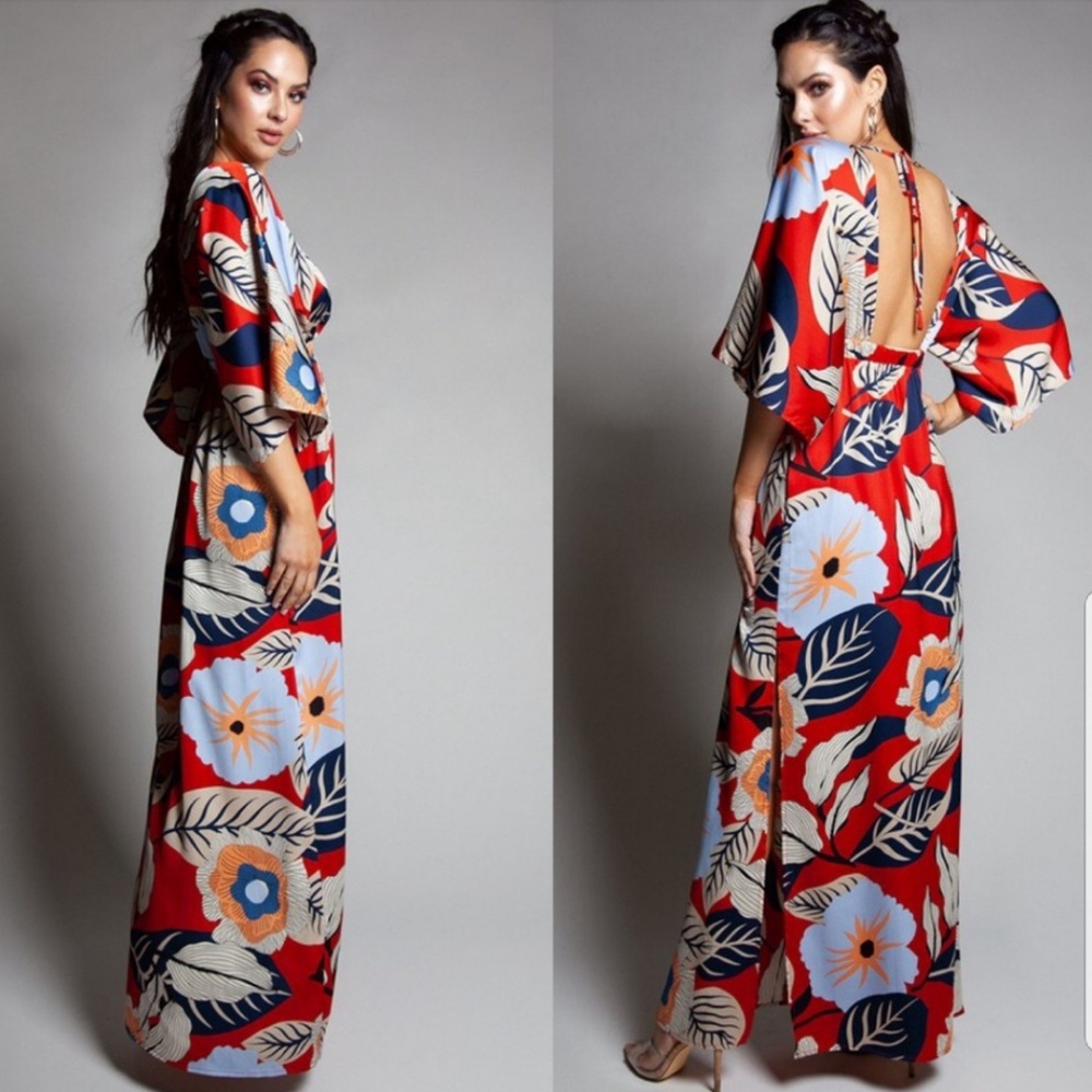 Floral print kimono maxi dress